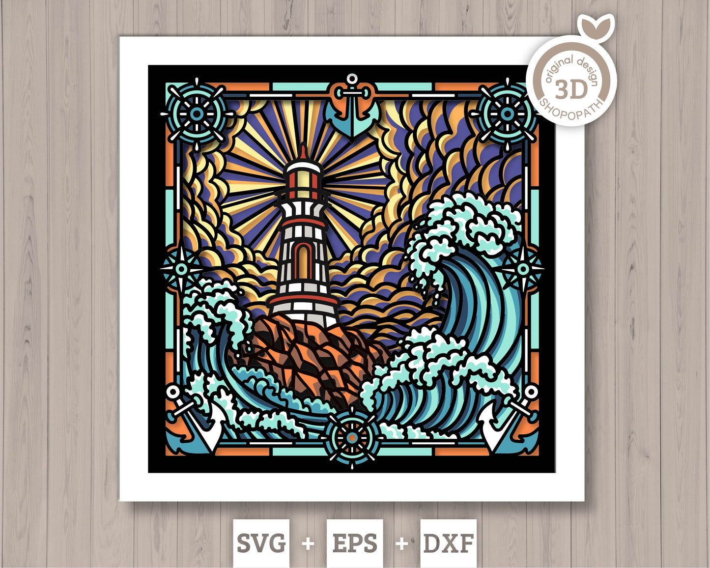 Lighthouse Stained Glass in Storm - 3D Shadow Box Layered SVG DXF EPS (Cutting Files)