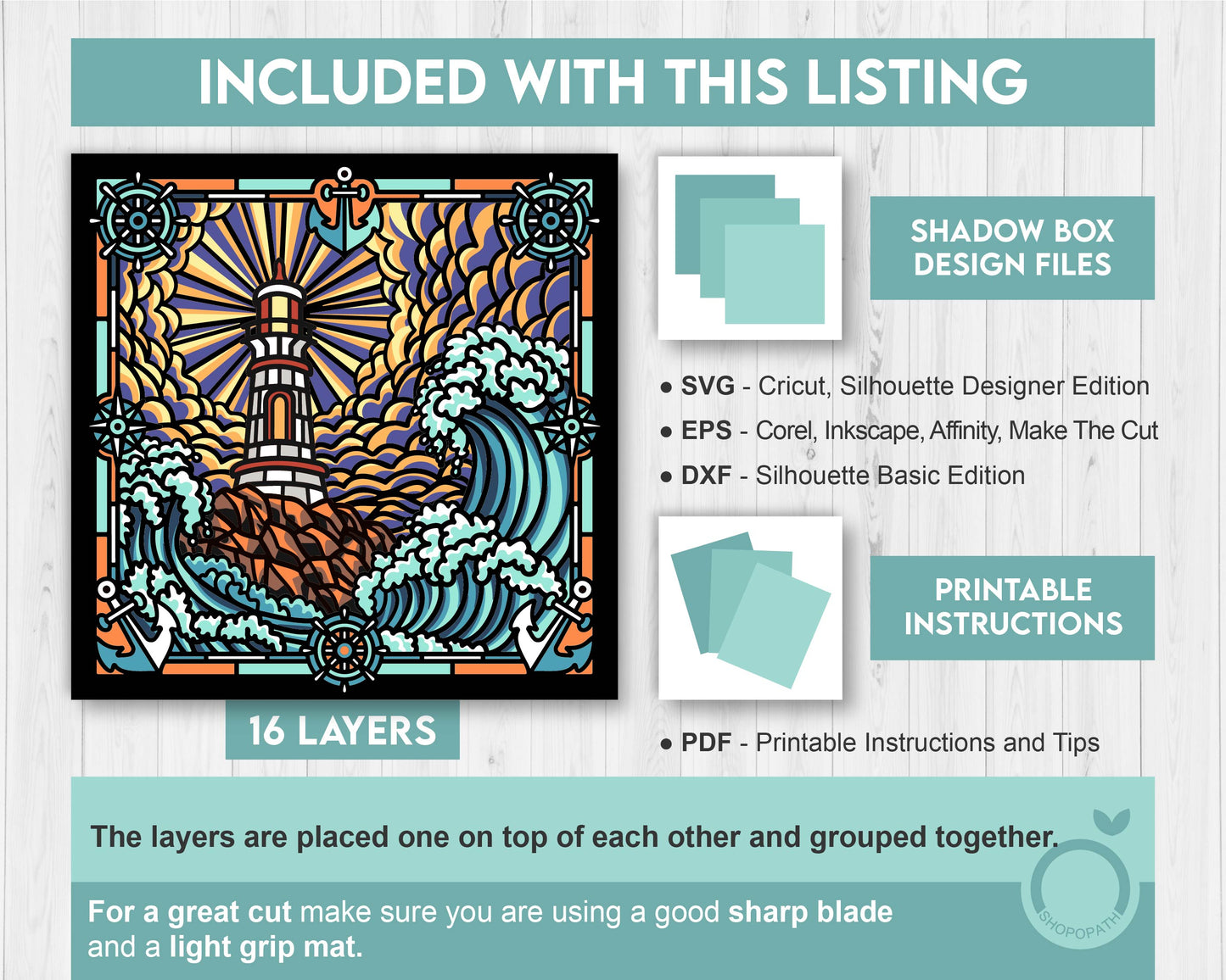 Lighthouse Stained Glass in Storm - 3D Shadow Box Layered SVG DXF EPS (Cutting Files)