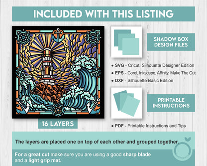 Lighthouse Stained Glass in Storm - 3D Shadow Box Layered SVG DXF EPS (Cutting Files)