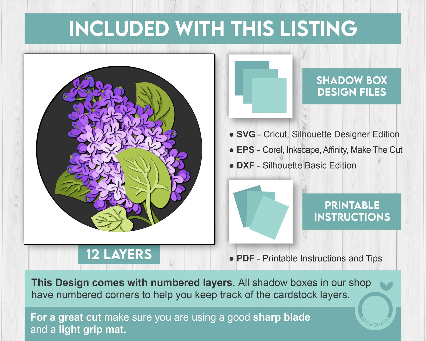 Lilac Flowers Branch - 3D Shadow Box Layered SVG DXF EPS (Cutting Files)