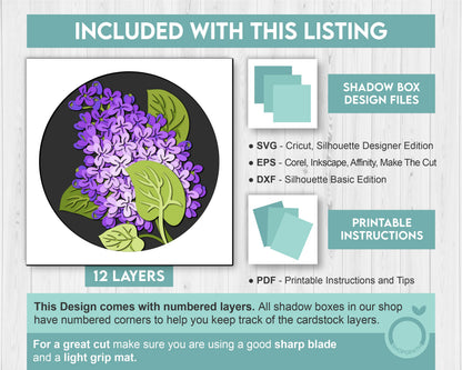 Lilac Flowers Branch - 3D Shadow Box Layered SVG DXF EPS (Cutting Files)