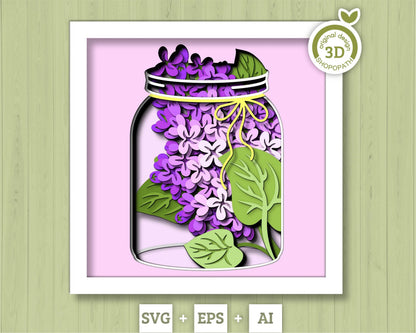 3D Lilac Branch Flowers In Jar Shadow Box SVG, 3D Spring SVG, 3D Lilac Flowers svg, Lilac Flowers 3d Svg, 3D Floral SVG, Cricut Silhouette