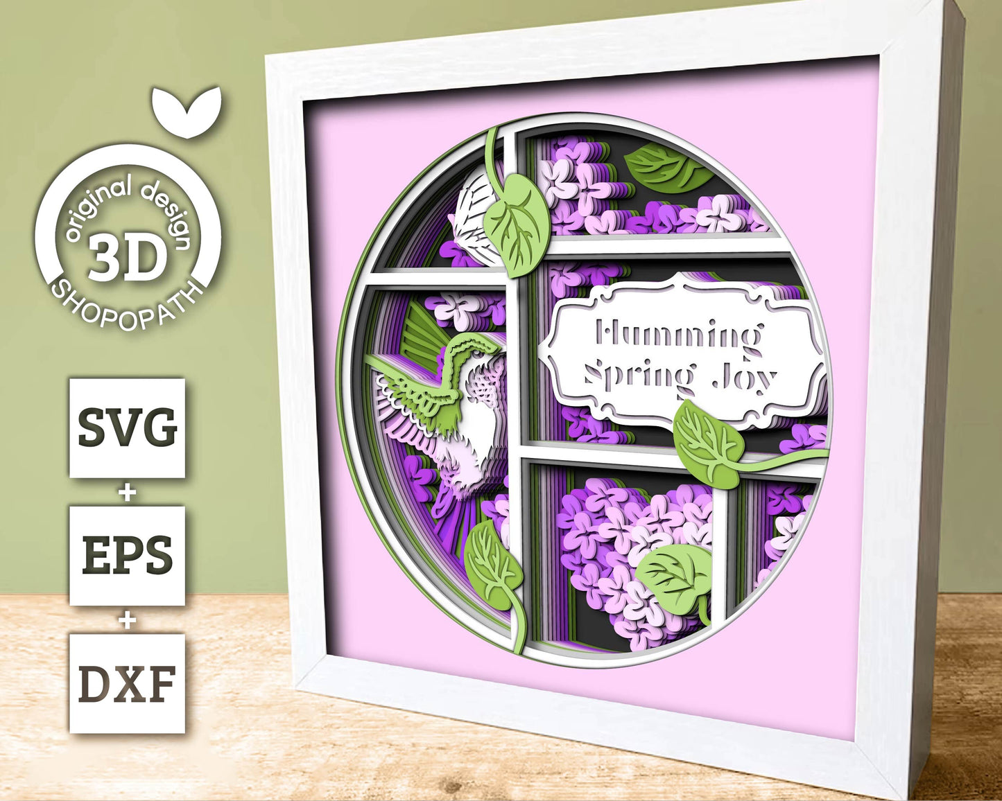 Hummingbird Lilac Spring Flower Label - 3D Shadow Box Layered SVG DXF EPS (Cutting Files)