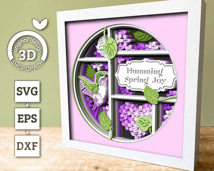 Hummingbird Lilac Spring Flower Label - 3D Shadow Box Layered SVG DXF EPS (Cutting Files)