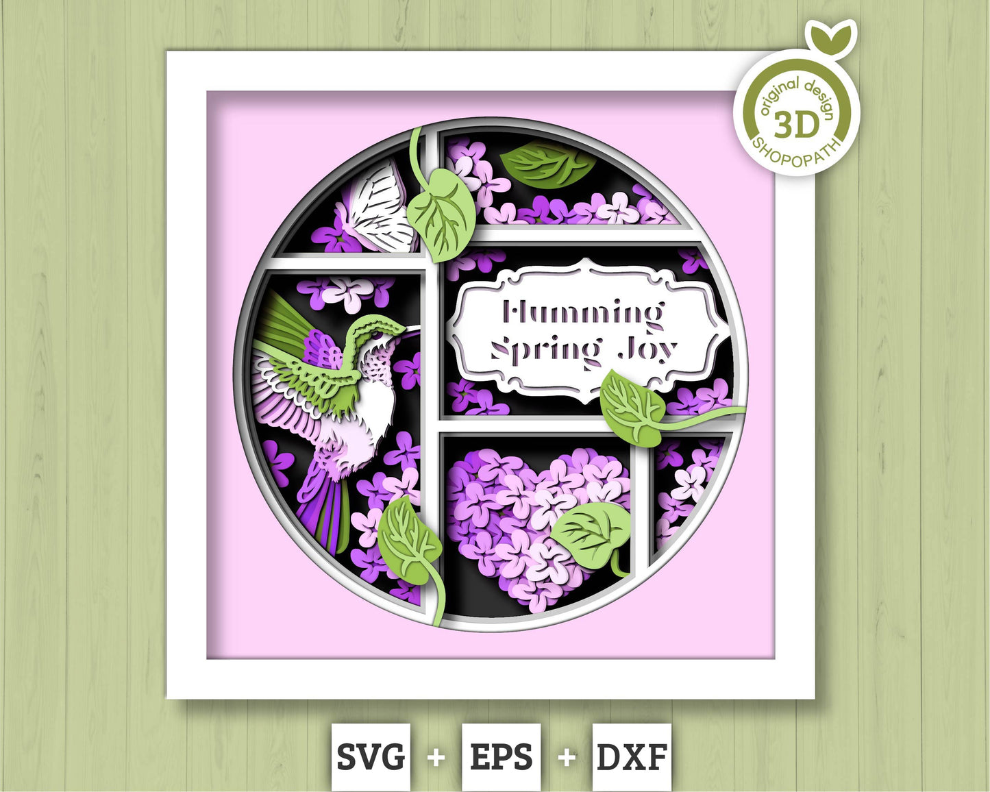 Hummingbird Lilac Spring Flower Label - 3D Shadow Box Layered SVG DXF EPS (Cutting Files)