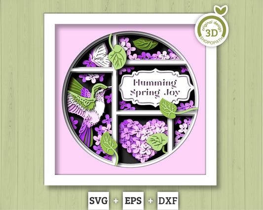 Hummingbird Lilac Spring Flower Label - 3D Shadow Box Layered SVG DXF EPS (Cutting Files)