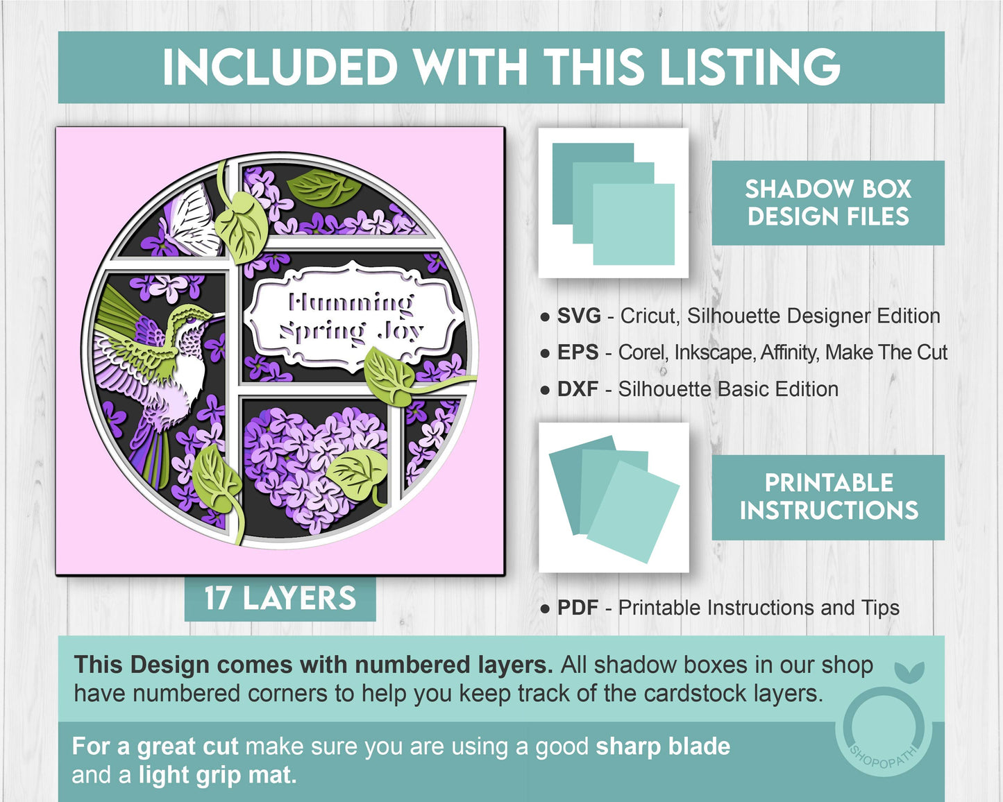 Hummingbird Lilac Spring Flower Label - 3D Shadow Box Layered SVG DXF EPS (Cutting Files)