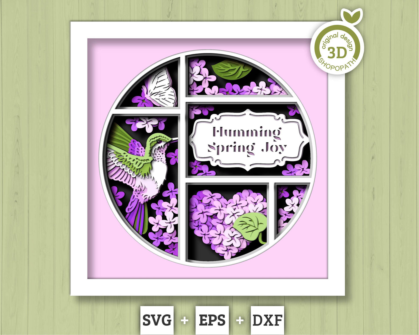 Hummingbird Lilac Spring Flower Label - 3D Shadow Box Layered SVG DXF EPS (Cutting Files)