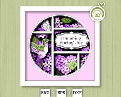 Hummingbird Lilac Spring Flower Label - 3D Shadow Box Layered SVG DXF EPS (Cutting Files)
