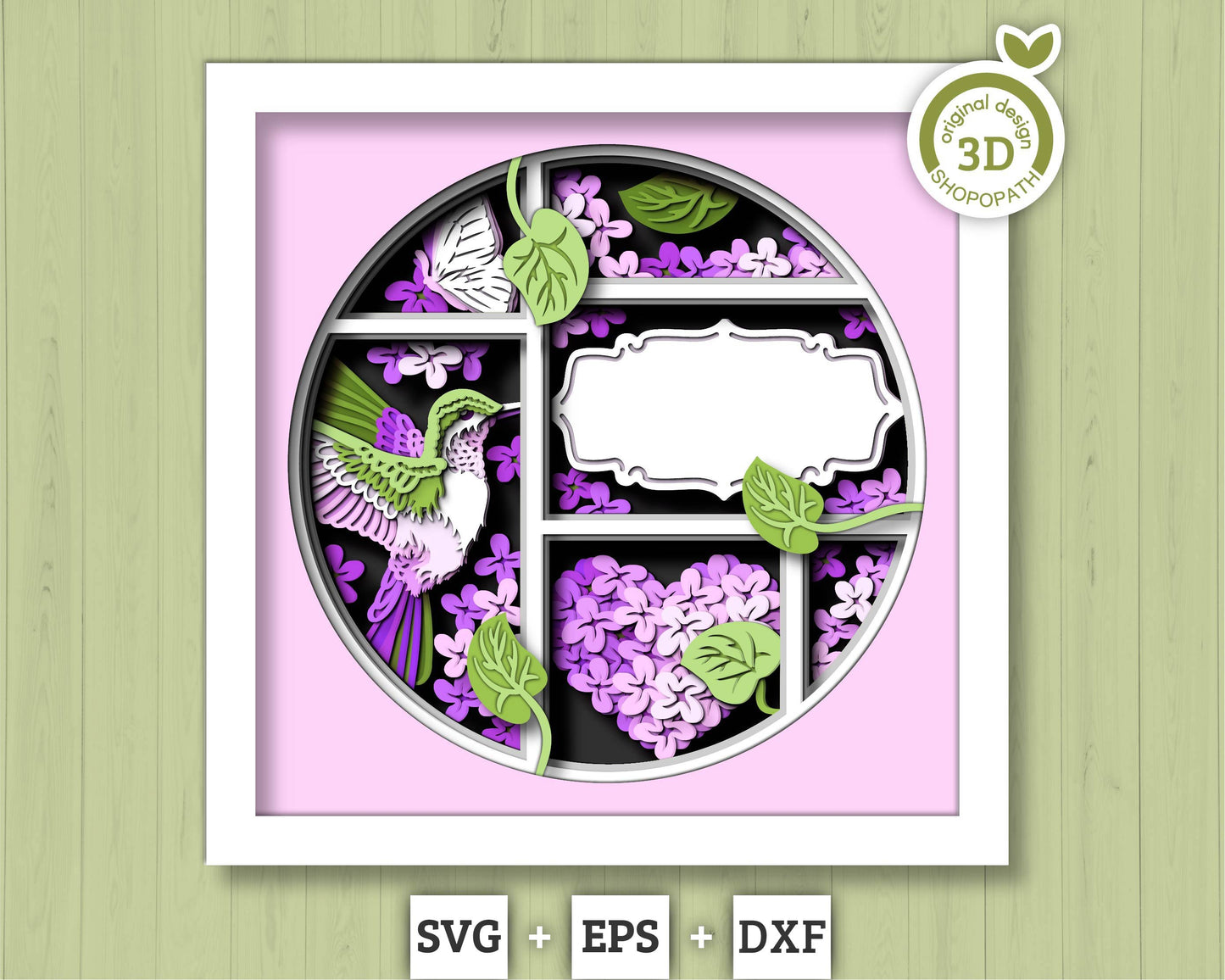 Hummingbird Lilac Spring Flower Label - 3D Shadow Box Layered SVG DXF EPS (Cutting Files)