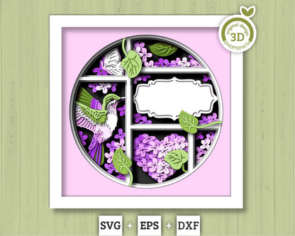 Hummingbird Lilac Spring Flower Label - 3D Shadow Box Layered SVG DXF EPS (Cutting Files)