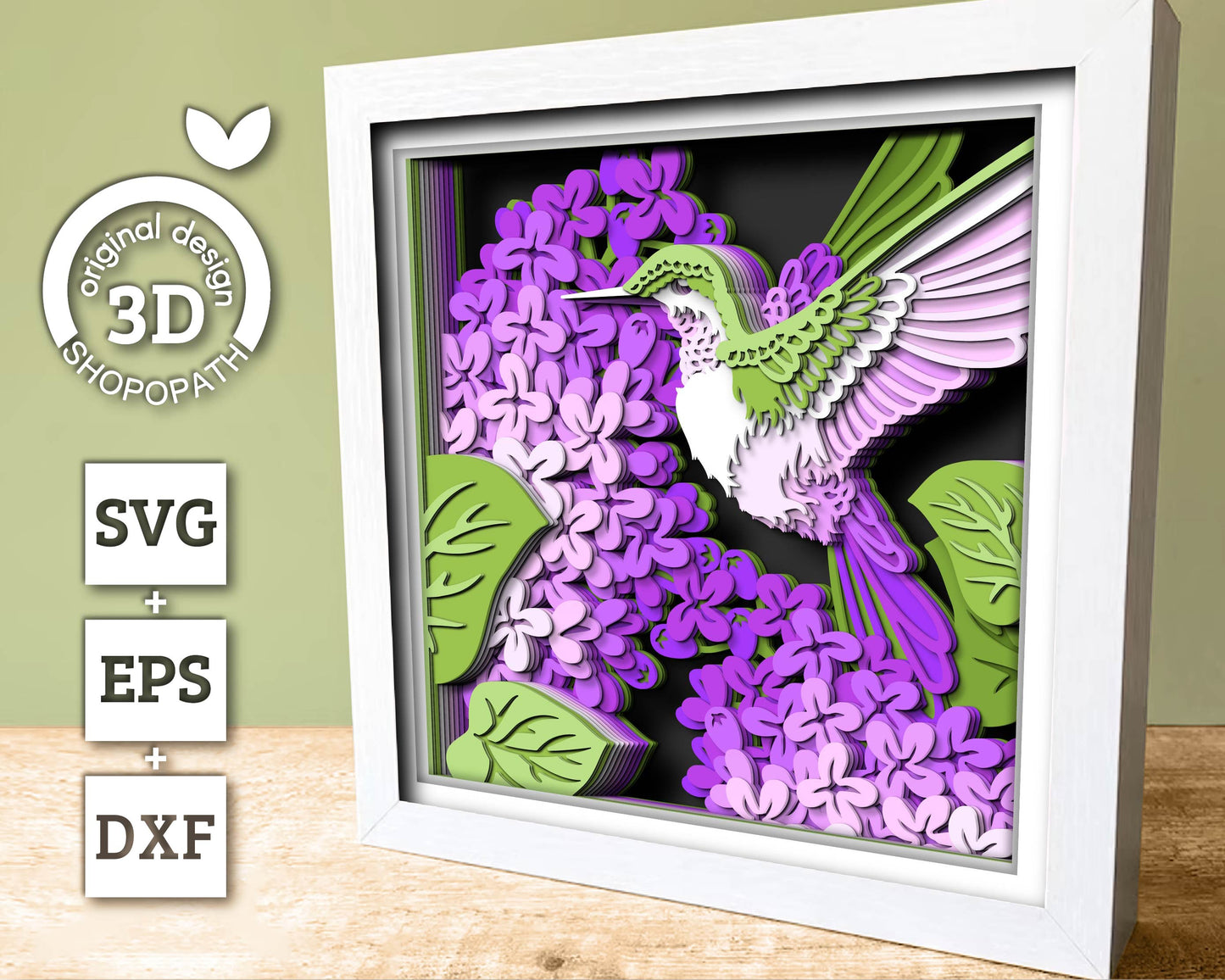 3D Lilac Branch Flowers With Hummingbird Shadow Box SVG, 3D Spring SVG, Layered Humming Bird 3d Svg, 3D Lilac Flowers SVG, Cricut Silhouette