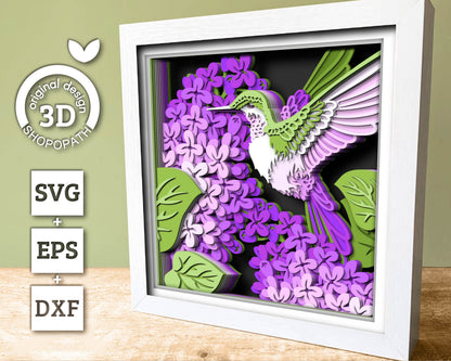 3D Lilac Branch Flowers With Hummingbird Shadow Box SVG, 3D Spring SVG, Layered Humming Bird 3d Svg, 3D Lilac Flowers SVG, Cricut Silhouette