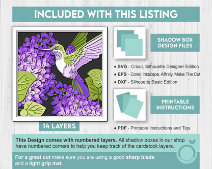 3D Lilac Branch Flowers With Hummingbird Shadow Box SVG, 3D Spring SVG, Layered Humming Bird 3d Svg, 3D Lilac Flowers SVG, Cricut Silhouette