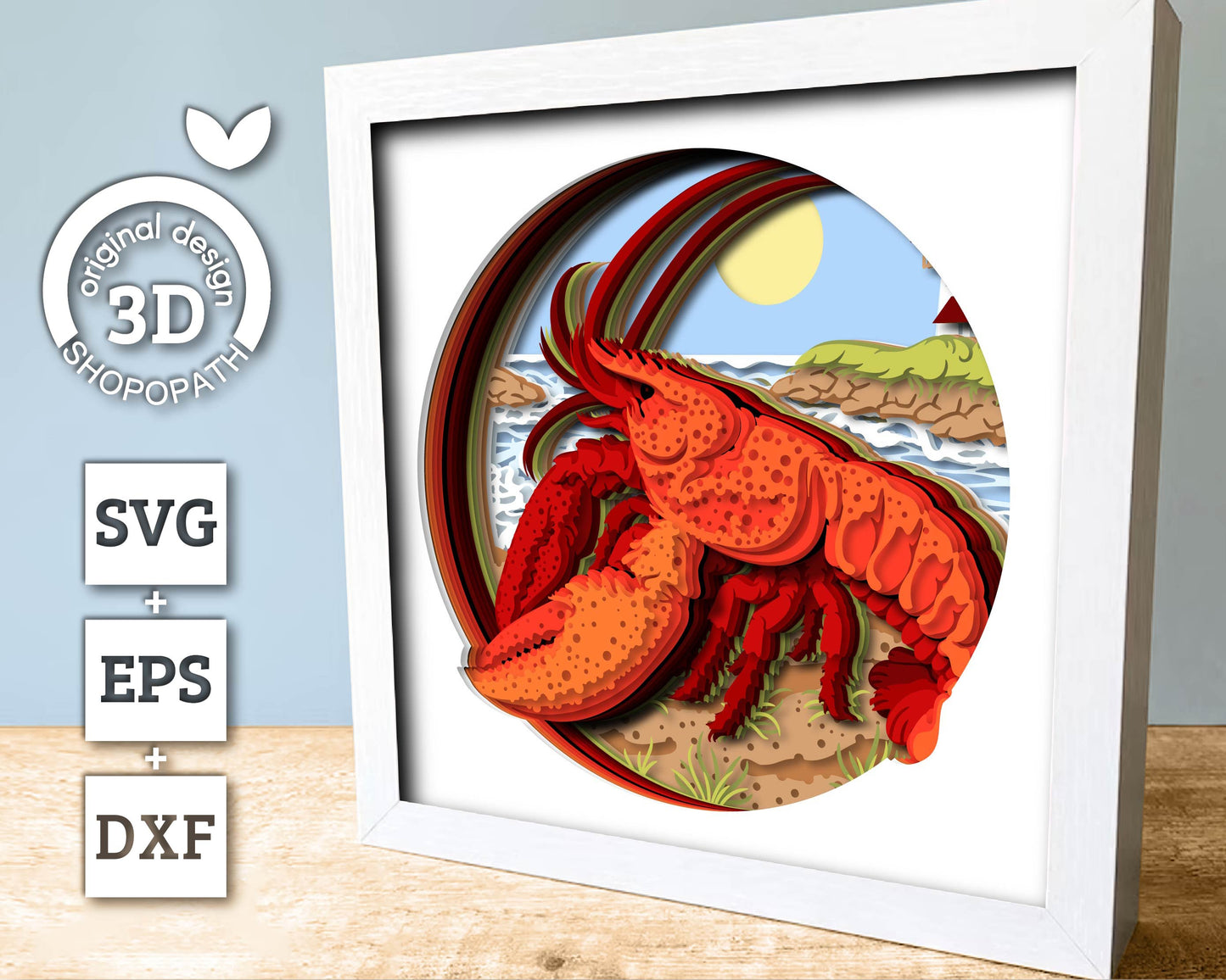 3D Lobster Shadow Box SVG with Lighthouse Nautical Layered Design for Cricut and Silhouette with DXF, EPS Cutting Files