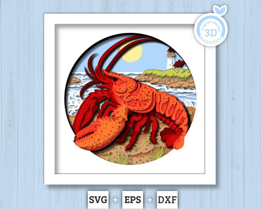 3D Lobster Shadow Box SVG with Lighthouse Nautical Layered Design for Cricut and Silhouette with DXF, EPS Cutting Files