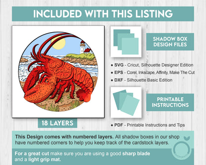 3D Lobster Shadow Box SVG with Lighthouse Nautical Layered Design for Cricut and Silhouette with DXF, EPS Cutting Files