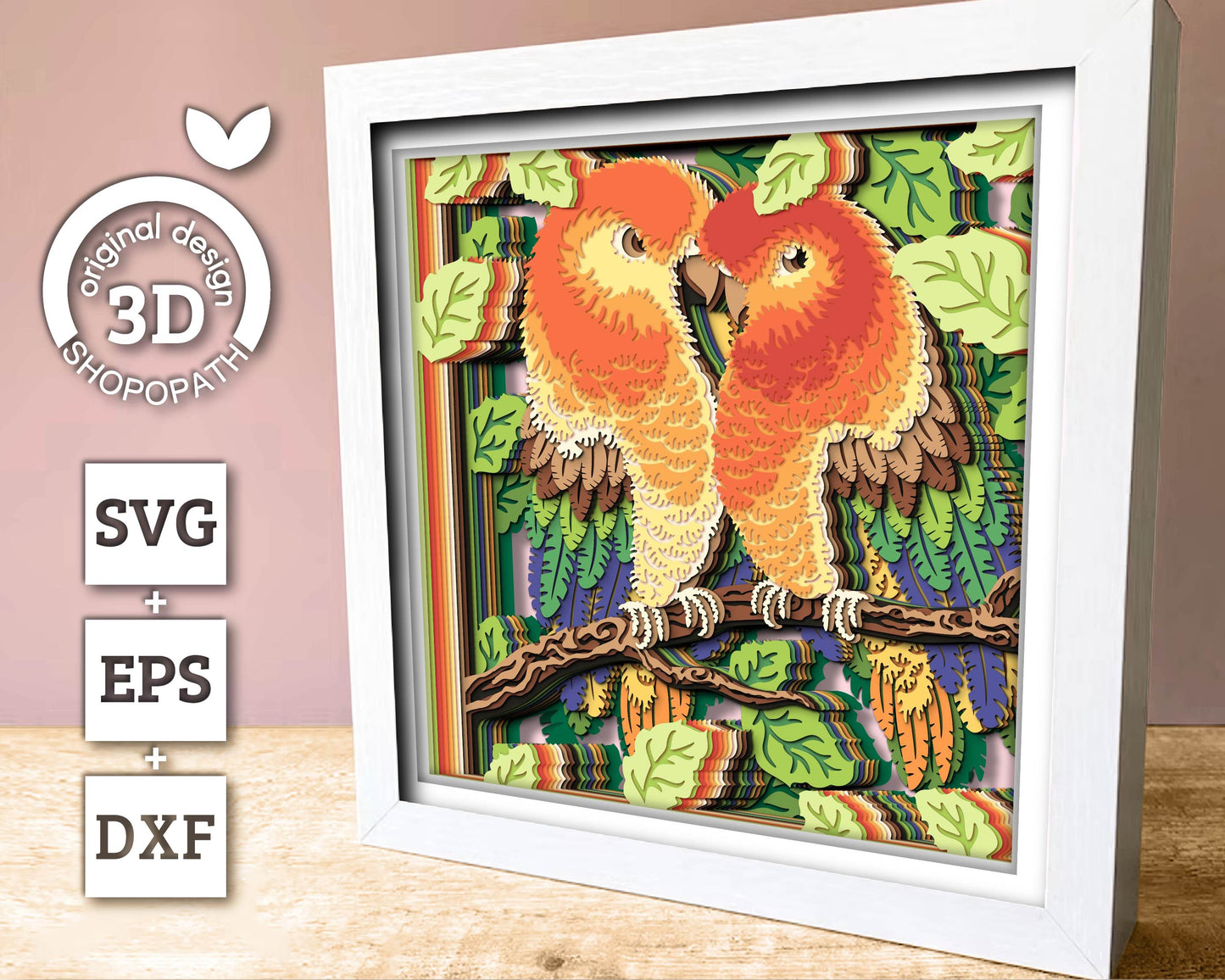 Lovebirds Couple on Branch - 3D Shadow Box Layered SVG DXF EPS (Cutting Files)