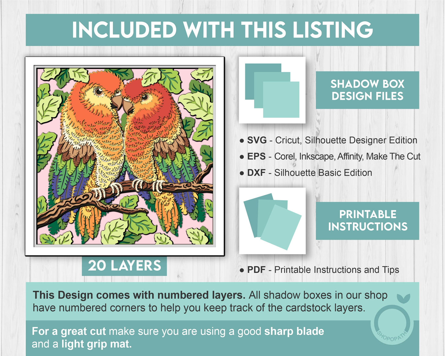 Lovebirds Couple on Branch - 3D Shadow Box Layered SVG DXF EPS (Cutting Files)