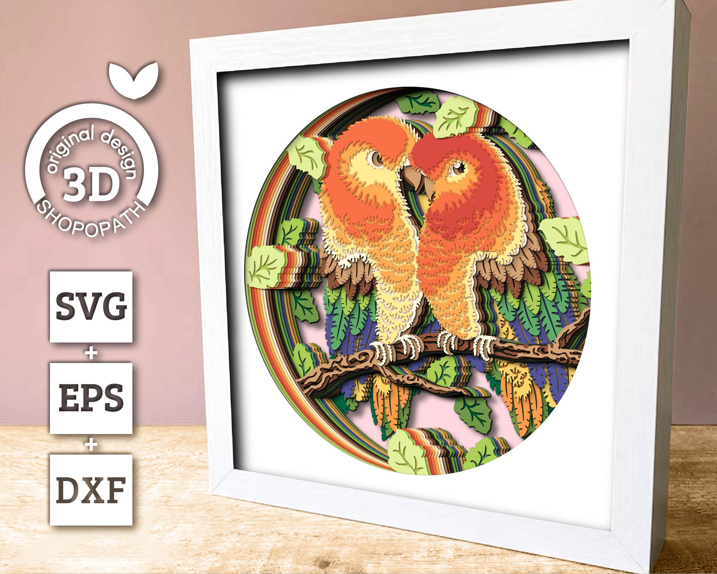 Lovebirds Sitting on Branch - 3D Shadow Box Layered SVG DXF EPS (Cutting Files)