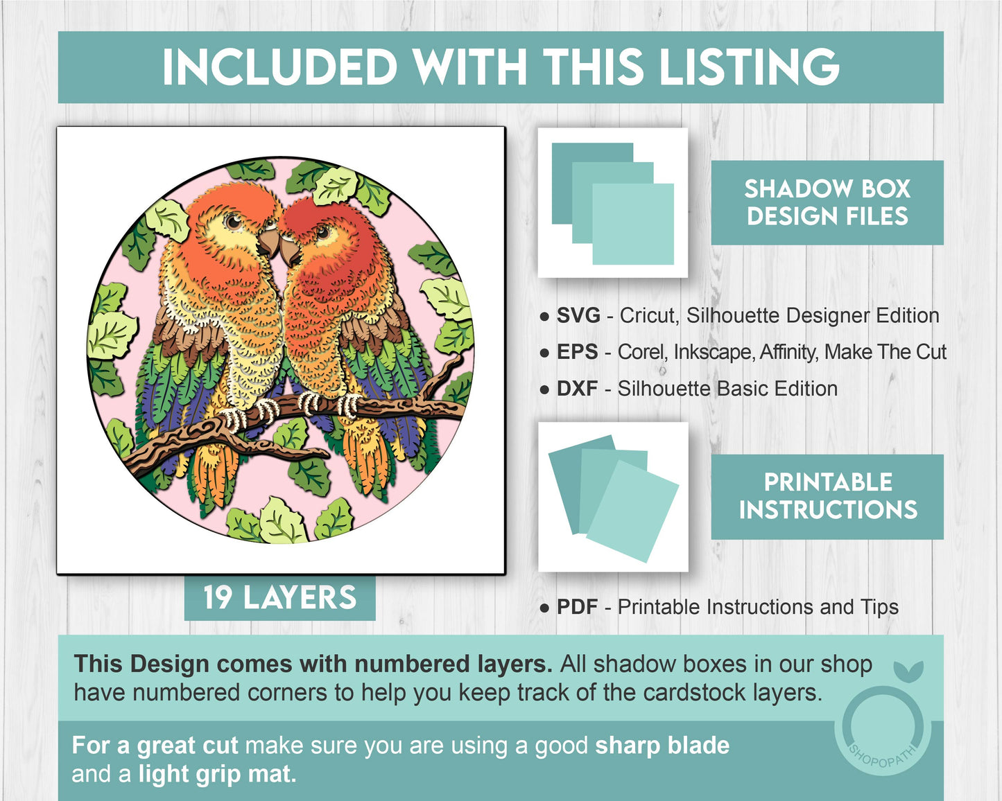Lovebirds Sitting on Branch - 3D Shadow Box Layered SVG DXF EPS (Cutting Files)