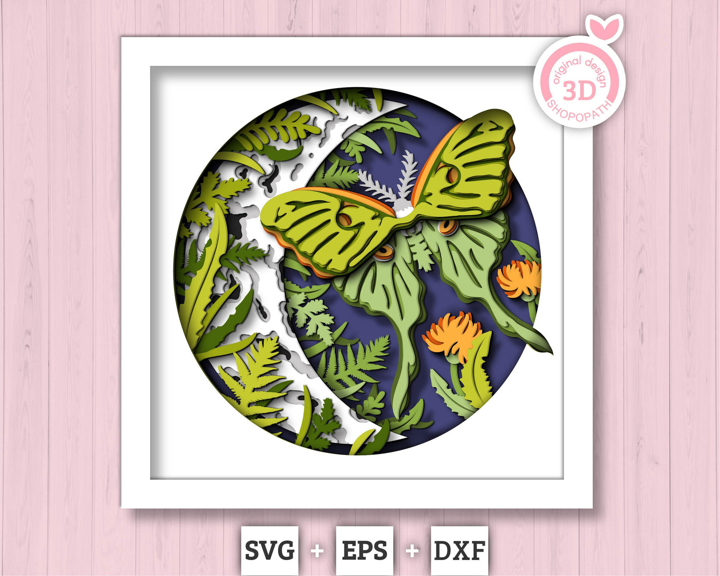 3D Luna Moth Butterfly Shadow Box SVG, 3D Summer SVG, 3D Moon Svg, 3d Butterfly Shadow Box SVG, 3d Layered Luna Moth svg Cricut Silhouette