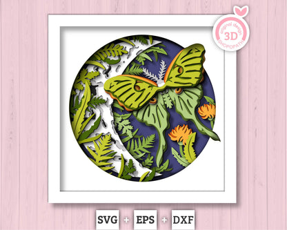 3D Luna Moth Butterfly Shadow Box SVG, 3D Summer SVG, 3D Moon Svg, 3d Butterfly Shadow Box SVG, 3d Layered Luna Moth svg Cricut Silhouette