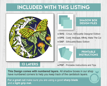 3D Luna Moth Butterfly Shadow Box SVG, 3D Summer SVG, 3D Moon Svg, 3d Butterfly Shadow Box SVG, 3d Layered Luna Moth svg Cricut Silhouette