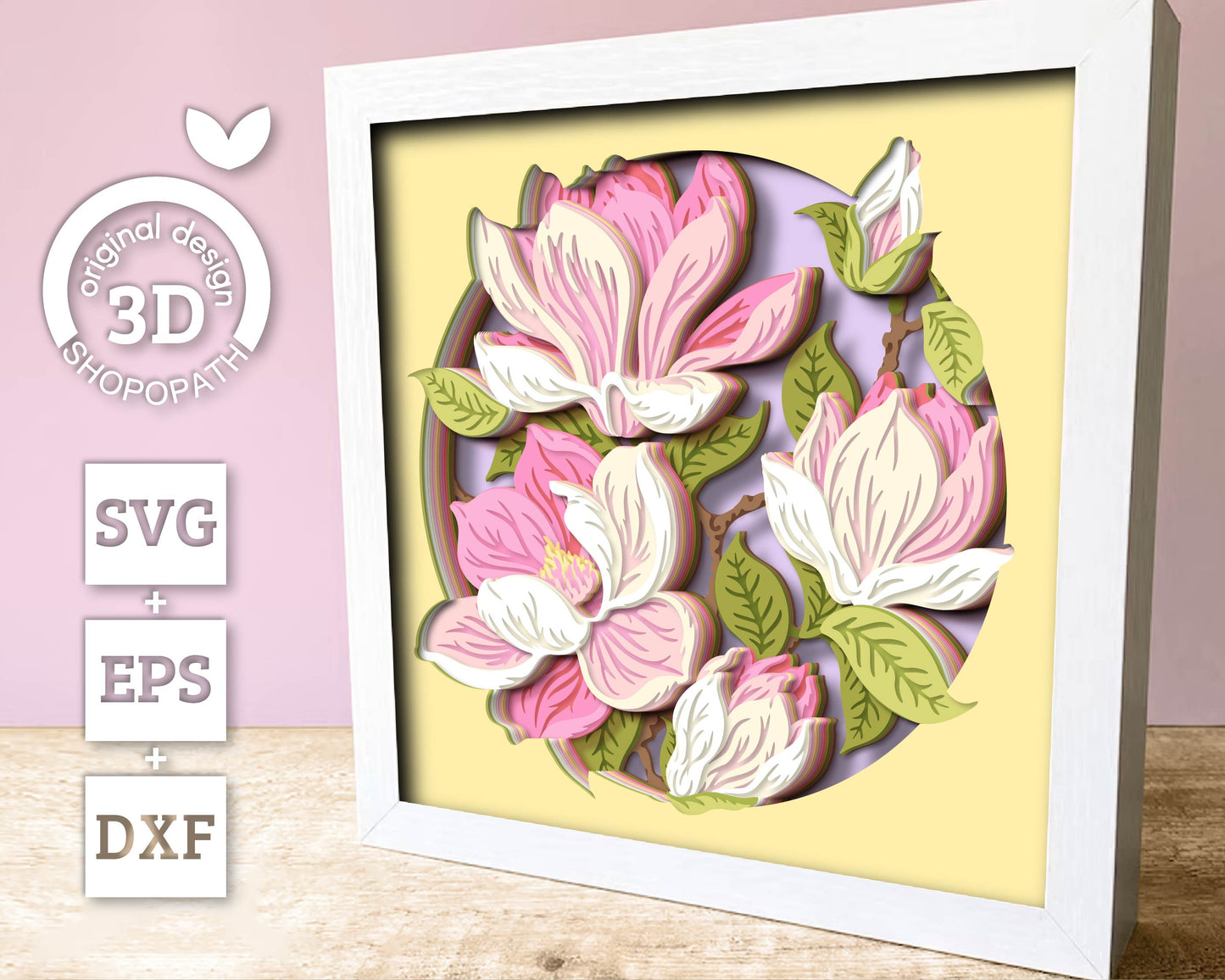 Magnolia Flowers Branch - 3D Shadow Box Layered SVG DXF EPS (Cutting Files)