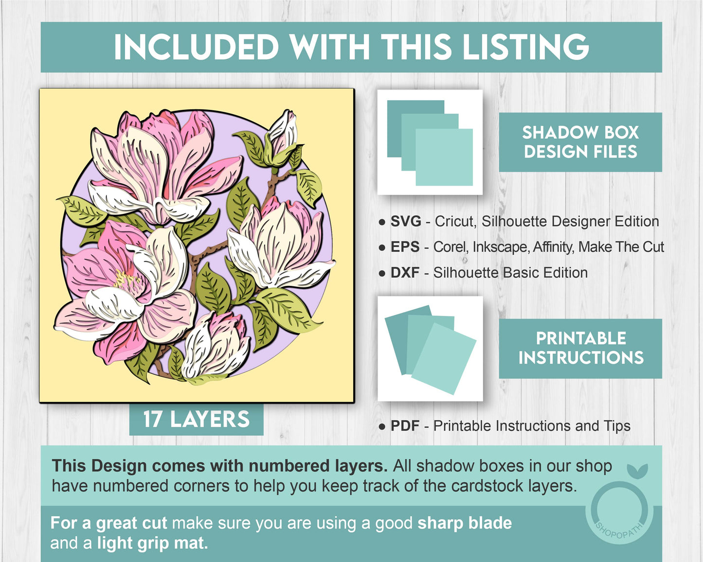 Magnolia Flowers Branch - 3D Shadow Box Layered SVG DXF EPS (Cutting Files)
