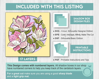 Magnolia Flowers Branch - 3D Shadow Box Layered SVG DXF EPS (Cutting Files)