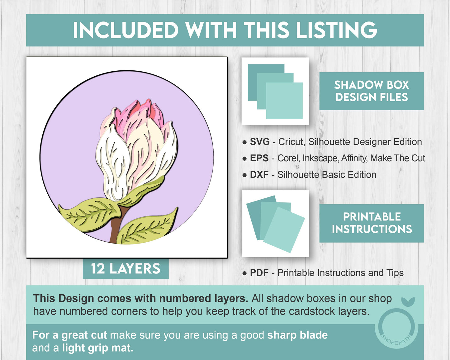 Set of 3D Shadow Boxes - Magnolia Flower Evolution - Layered SVG DXF EPS (Cutting Files)