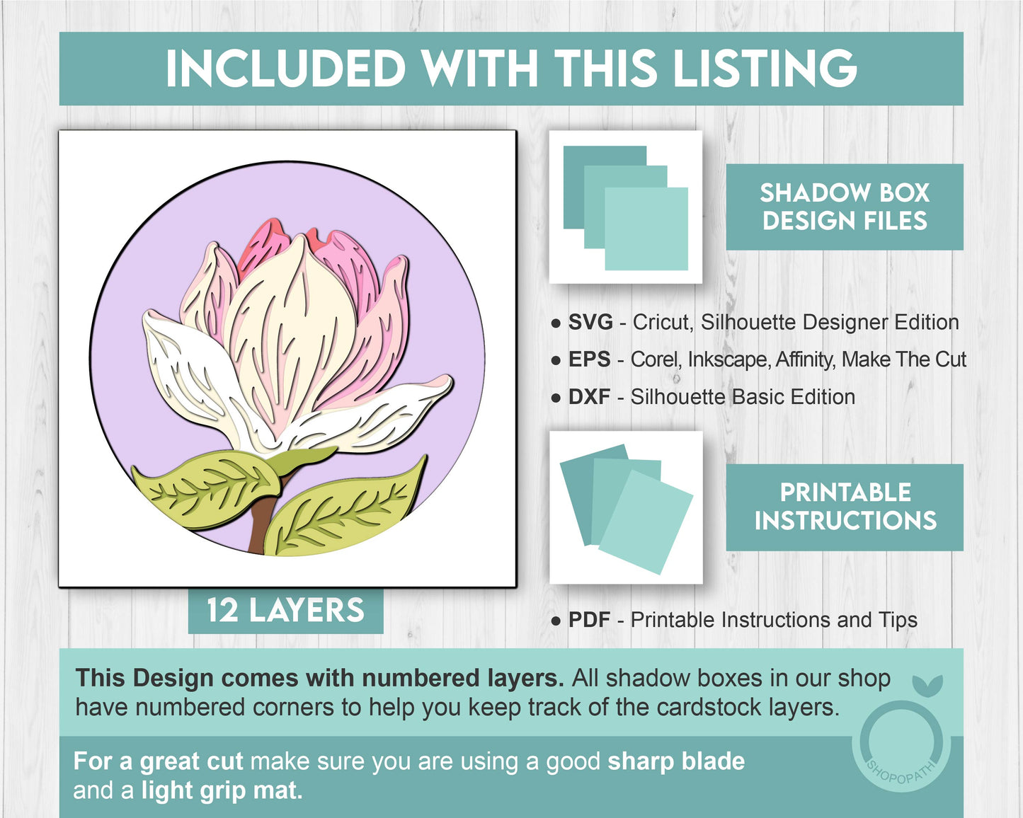Set of 3D Shadow Boxes - Magnolia Flower Evolution - Layered SVG DXF EPS (Cutting Files)