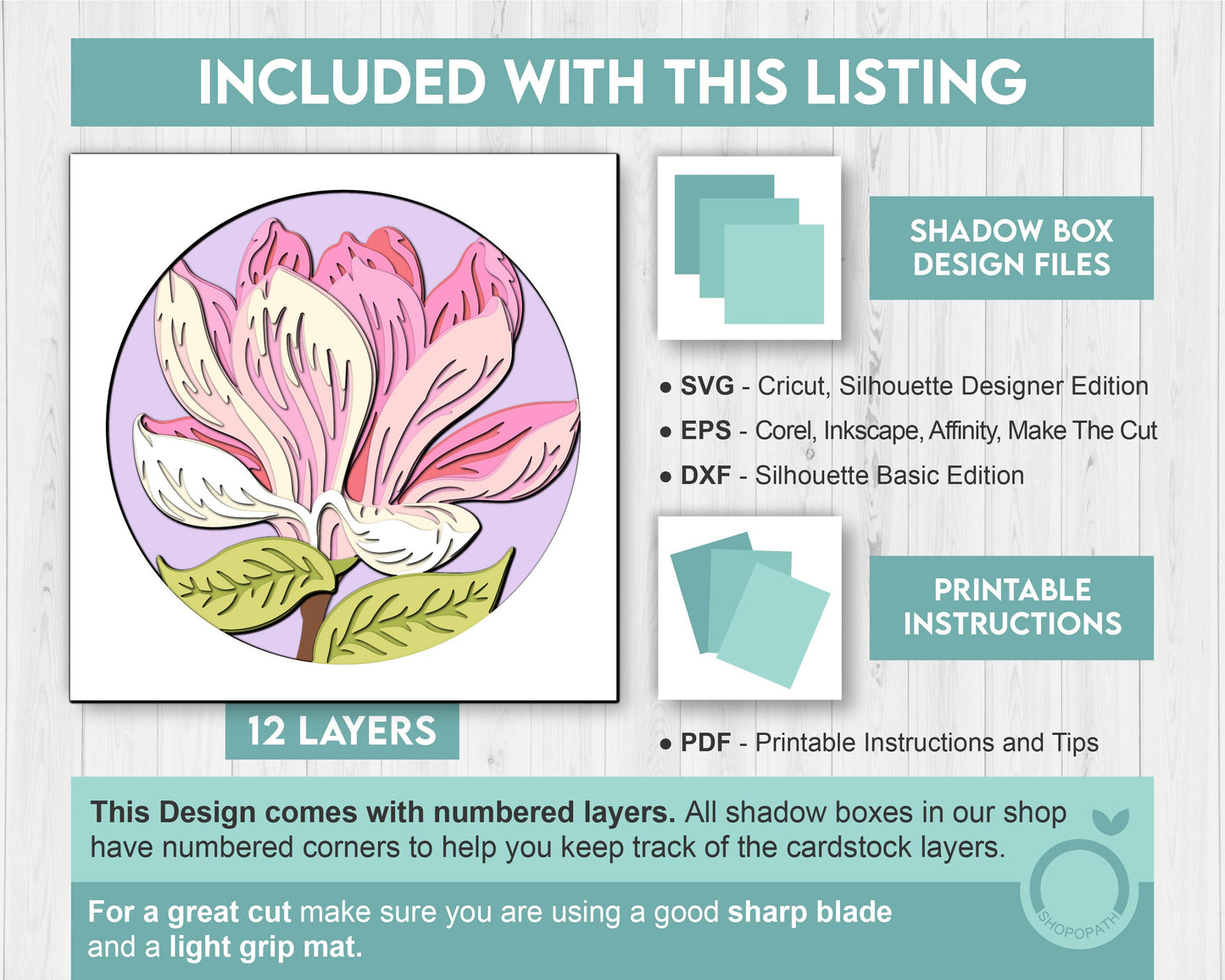 Set of 3D Shadow Boxes - Magnolia Flower Evolution - Layered SVG DXF EPS (Cutting Files)