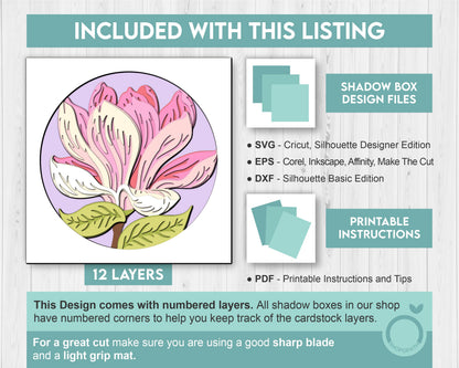 Set of 3D Shadow Boxes - Magnolia Flower Evolution - Layered SVG DXF EPS (Cutting Files)