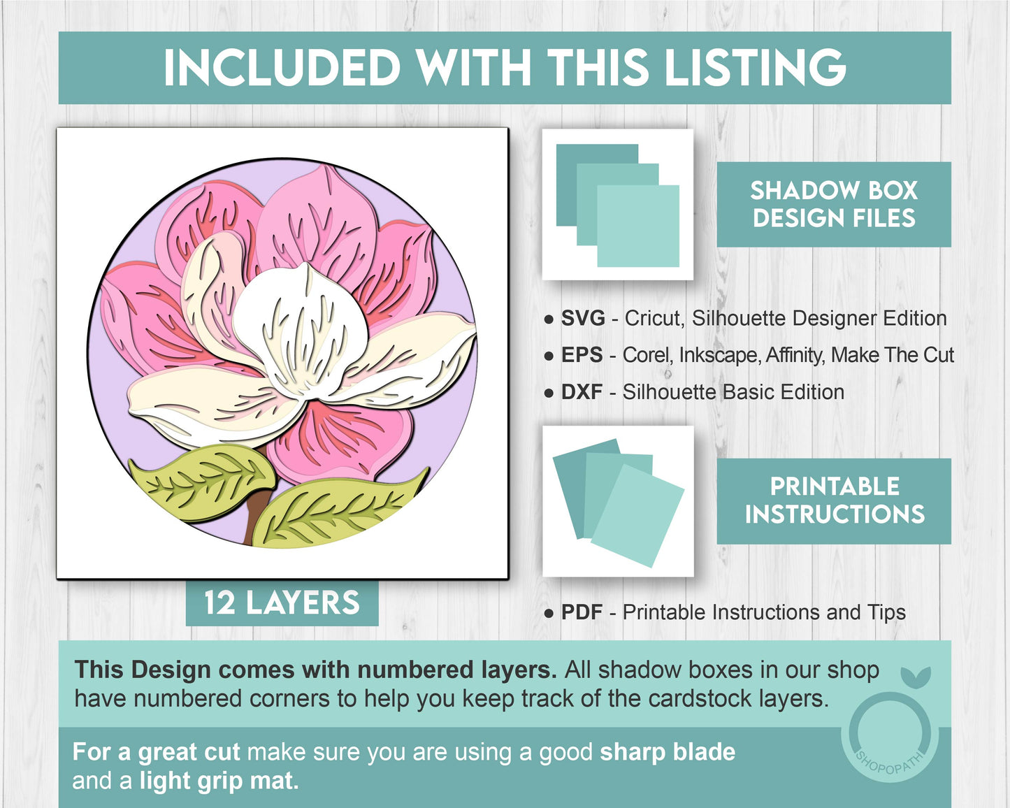 Set of 3D Shadow Boxes - Magnolia Flower Evolution - Layered SVG DXF EPS (Cutting Files)