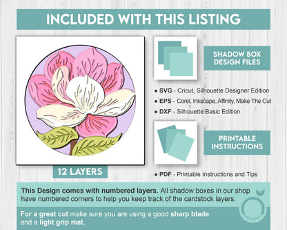 Set of 3D Shadow Boxes - Magnolia Flower Evolution - Layered SVG DXF EPS (Cutting Files)