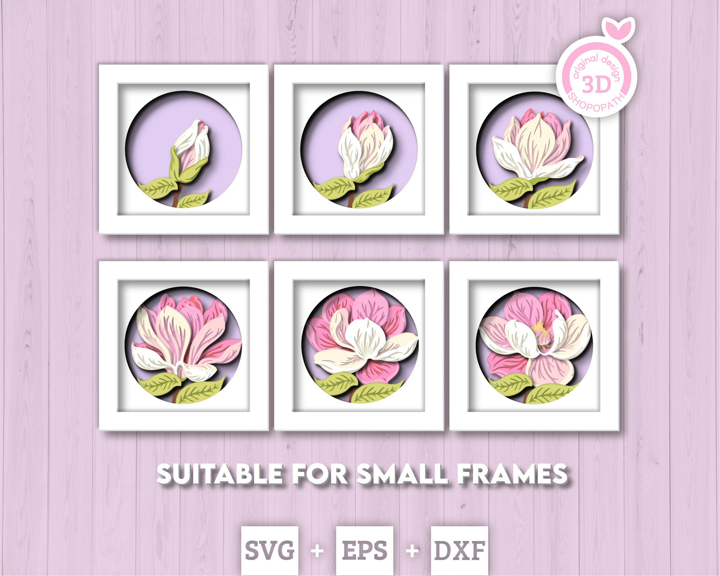 Set of 3D Shadow Boxes - Magnolia Flower Evolution - Layered SVG DXF EPS (Cutting Files)