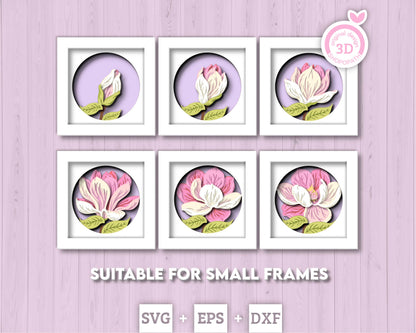Set of 3D Shadow Boxes - Magnolia Flower Evolution - Layered SVG DXF EPS (Cutting Files)