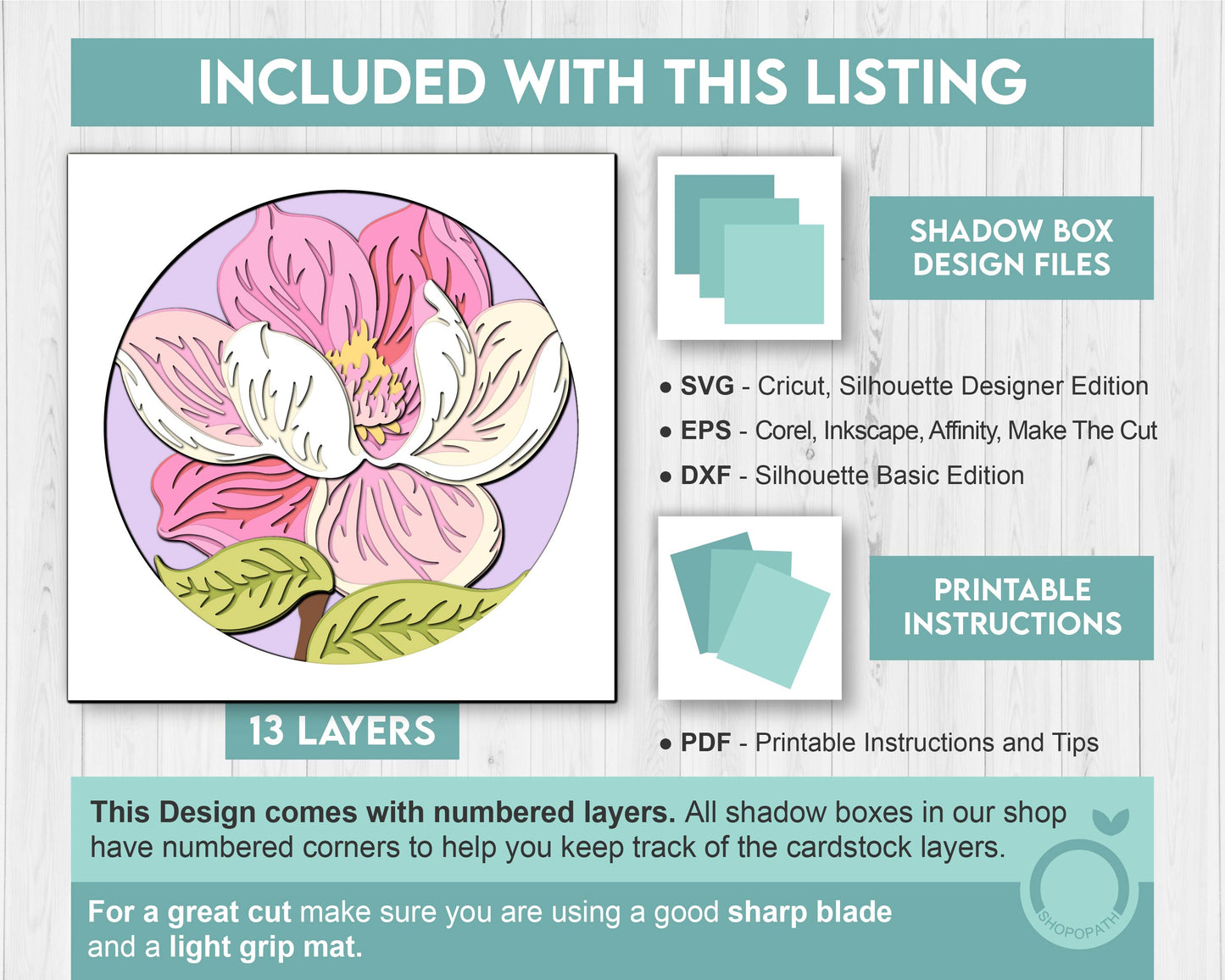 Set of 3D Shadow Boxes - Magnolia Flower Evolution - Layered SVG DXF EPS (Cutting Files)