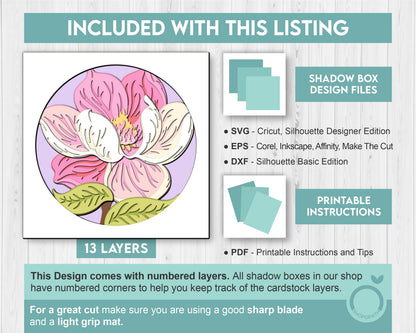 Set of 3D Shadow Boxes - Magnolia Flower Evolution - Layered SVG DXF EPS (Cutting Files)