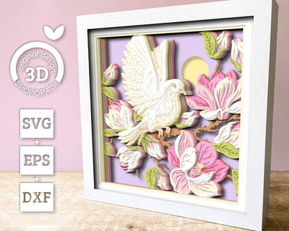 White Dove with Magnolia Flowers - 3D Shadow Box Layered SVG DXF EPS (Cutting Files)