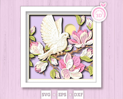 White Dove with Magnolia Flowers - 3D Shadow Box Layered SVG DXF EPS (Cutting Files)
