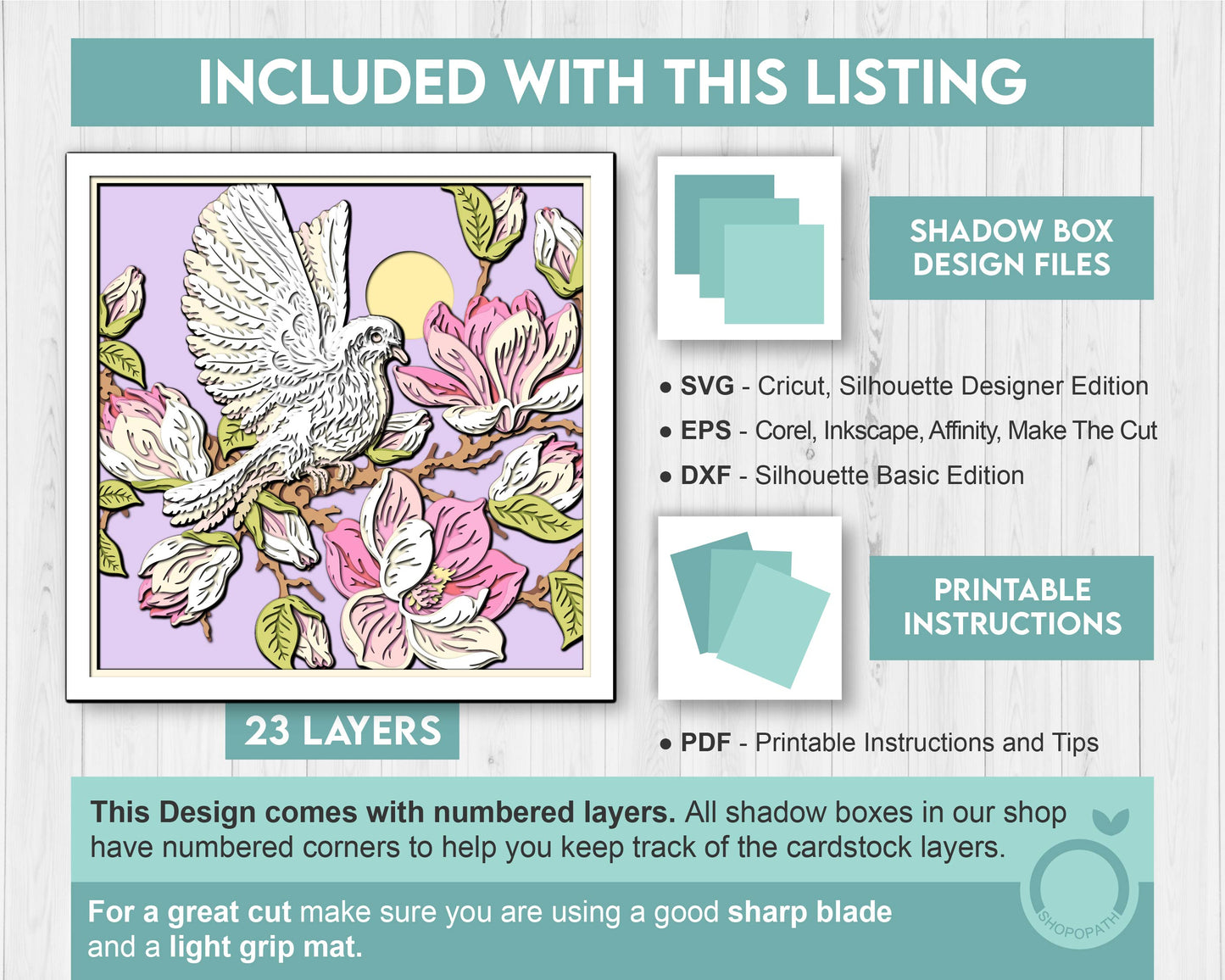 White Dove with Magnolia Flowers - 3D Shadow Box Layered SVG DXF EPS (Cutting Files)