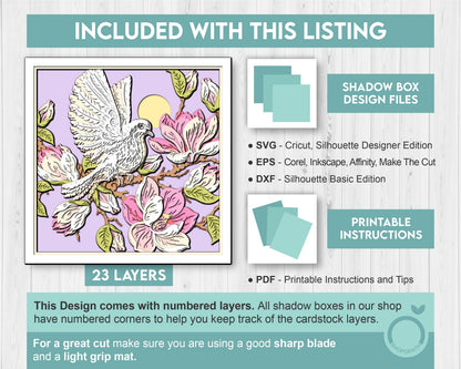 White Dove with Magnolia Flowers - 3D Shadow Box Layered SVG DXF EPS (Cutting Files)