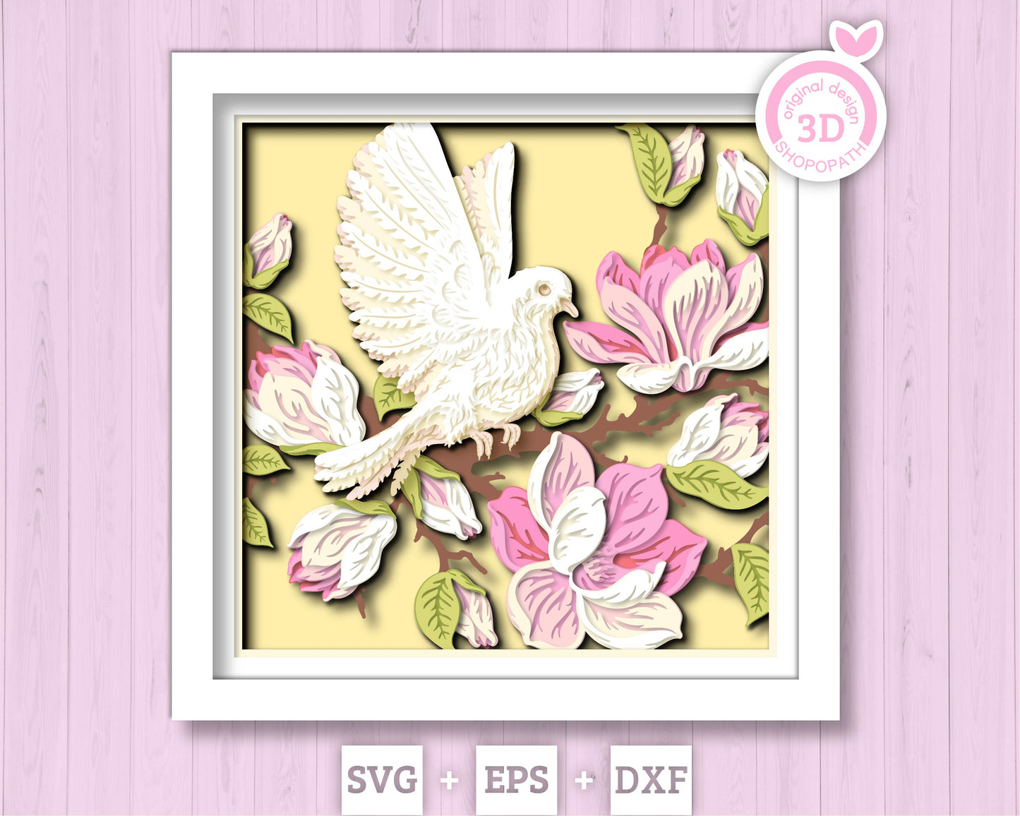 White Dove with Magnolia Flowers - 3D Shadow Box Layered SVG DXF EPS (Cutting Files)