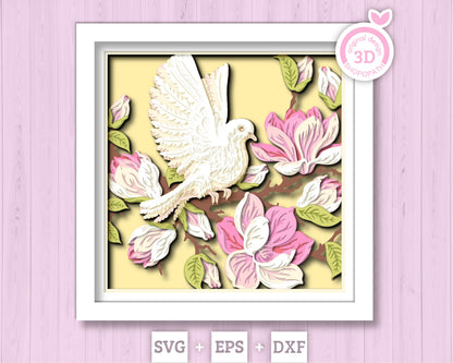 White Dove with Magnolia Flowers - 3D Shadow Box Layered SVG DXF EPS (Cutting Files)