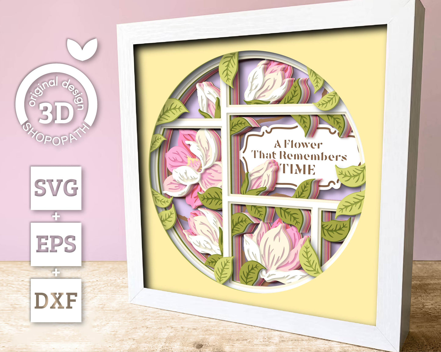 Magnolia Flowers Branches with Label - 3D Shadow Box Layered SVG DXF EPS (Cutting Files)