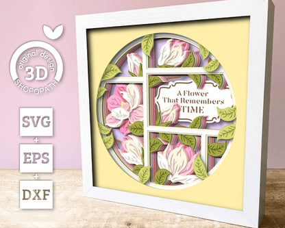 Magnolia Flowers Branches with Label - 3D Shadow Box Layered SVG DXF EPS (Cutting Files)
