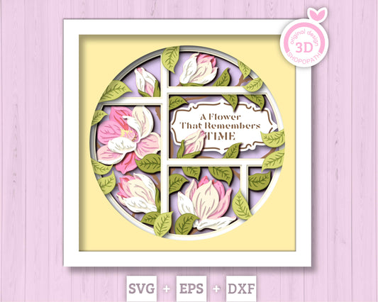 Magnolia Flowers Branches with Label - 3D Shadow Box Layered SVG DXF EPS (Cutting Files)